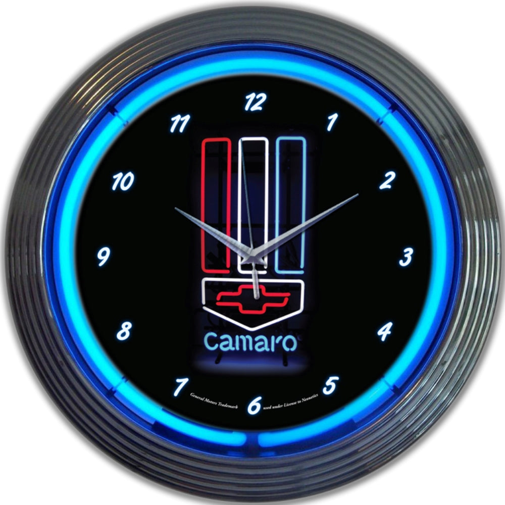 CAMARO RED, WHITE AND BLUE NEON CLOCK