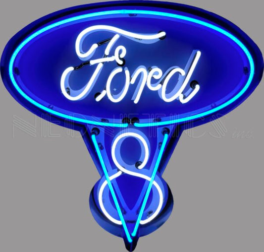 FORD V8 BLUE AND WHITE NEON SIGN IN STEEL CAN