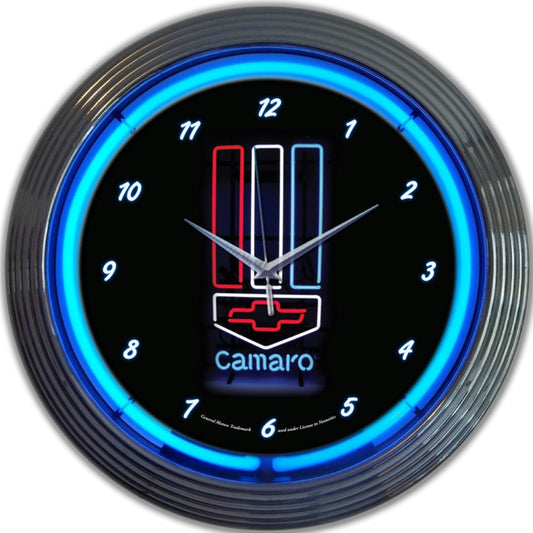 CAMARO RED, WHITE AND BLUE NEON CLOCK
