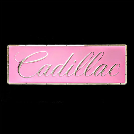 Cadillac Classic Script Metal Sign- Pink and Chrome