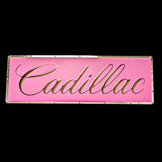 Cadillac Classic Script Metal Sign- Pink and Gold